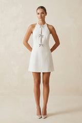 Halter Satin A - Line Mini Wedding Dress with Bow in White - KissProm Wedding Dresses