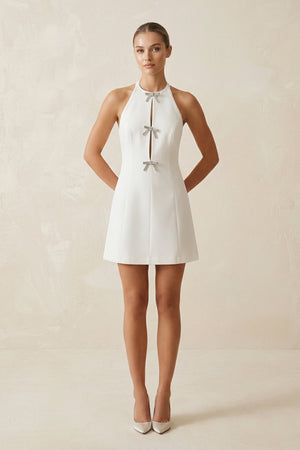 Halter Satin A - Line Mini Wedding Dress with Bow in White - KissProm Wedding Dresses