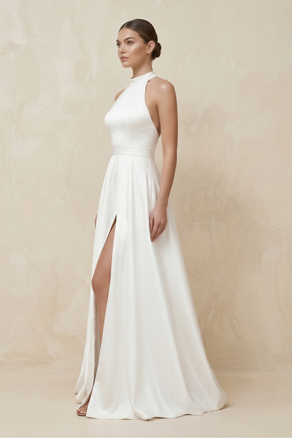 KissProm Halter Satin A-Line Wedding Dress With Slit in White, White / 18