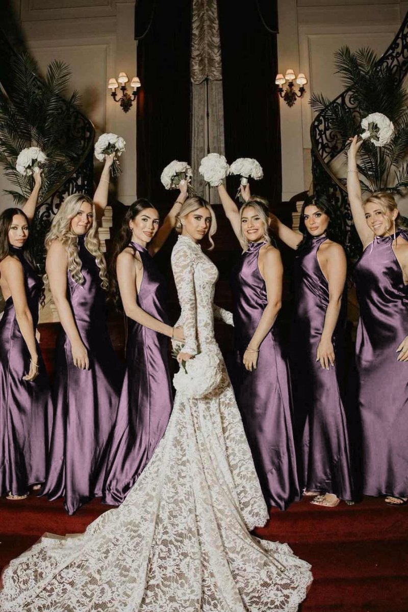 Halter Satin Pleated Mermaid Sleeveless Long Bridesmaid Dress - KissProm