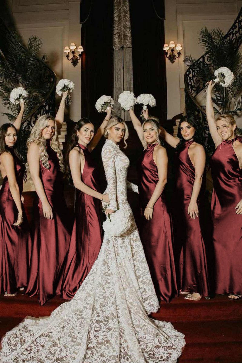 Halter Satin Pleated Mermaid Sleeveless Long Bridesmaid Dress - KissProm