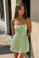 Sage Green Halter Satin Sheath 3D Flower Homecoming Dress | KISSPROM