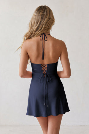 Navy Blue Halter Satin Sheath 3D Flower Homecoming Dress | KISSPROM