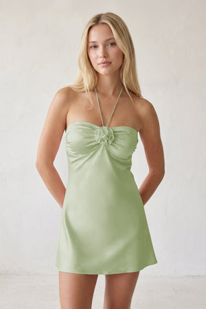 Sage Green Halter Satin Sheath 3D Flower Homecoming Dress | KISSPROM
