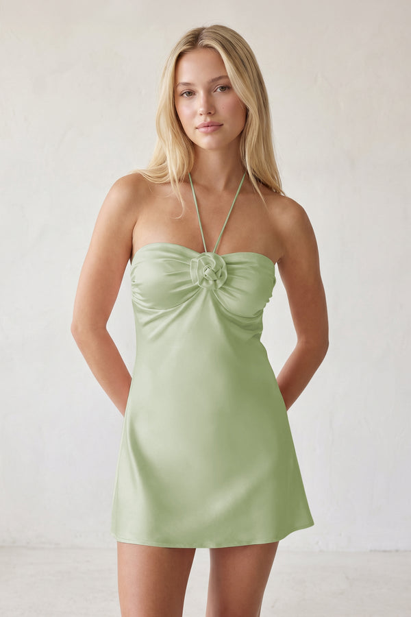 Sage Green Halter Satin Sheath 3D Flower Homecoming Dress | KISSPROM