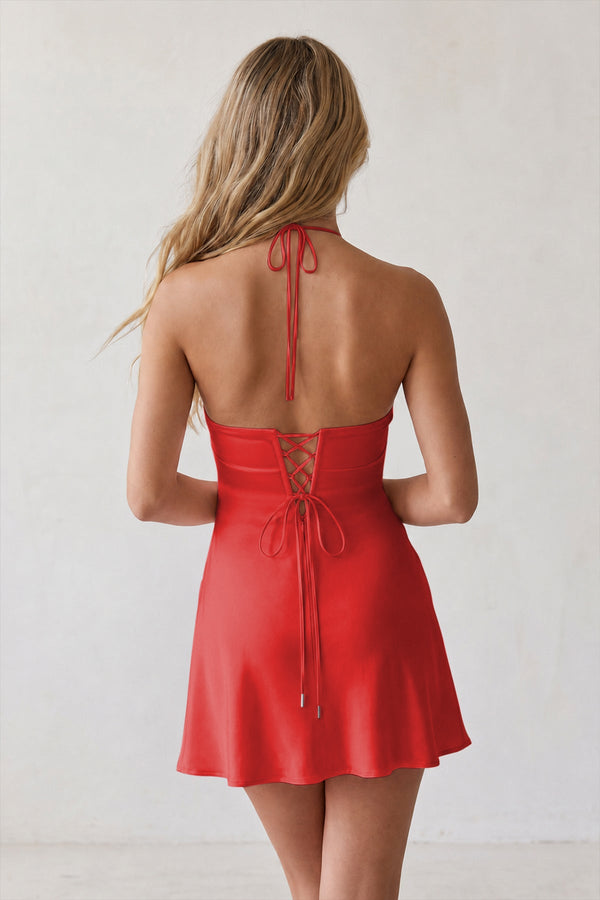 Red Halter Satin Sheath 3D Flower Homecoming Dress | KISSPROM
