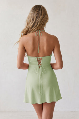 Sage Green Halter Satin Sheath 3D Flower Homecoming Dress | KISSPROM