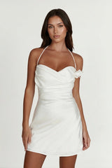Halter Satin Sheath Floral Graduation Dress - KissProm
