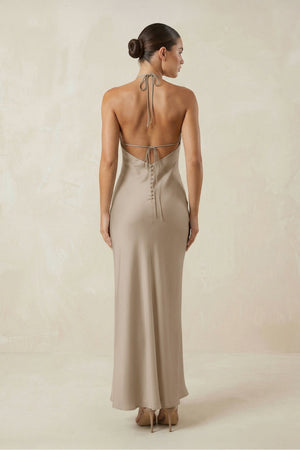 Halter Satin Sheath Midi Bridesmaid Dress in Almond - KissProm Bridesmaid Dresses