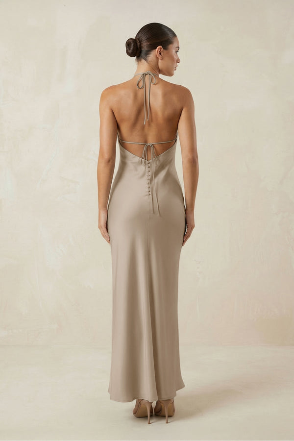 Halter Satin Sheath Midi Bridesmaid Dress in Almond - KissProm Bridesmaid Dresses