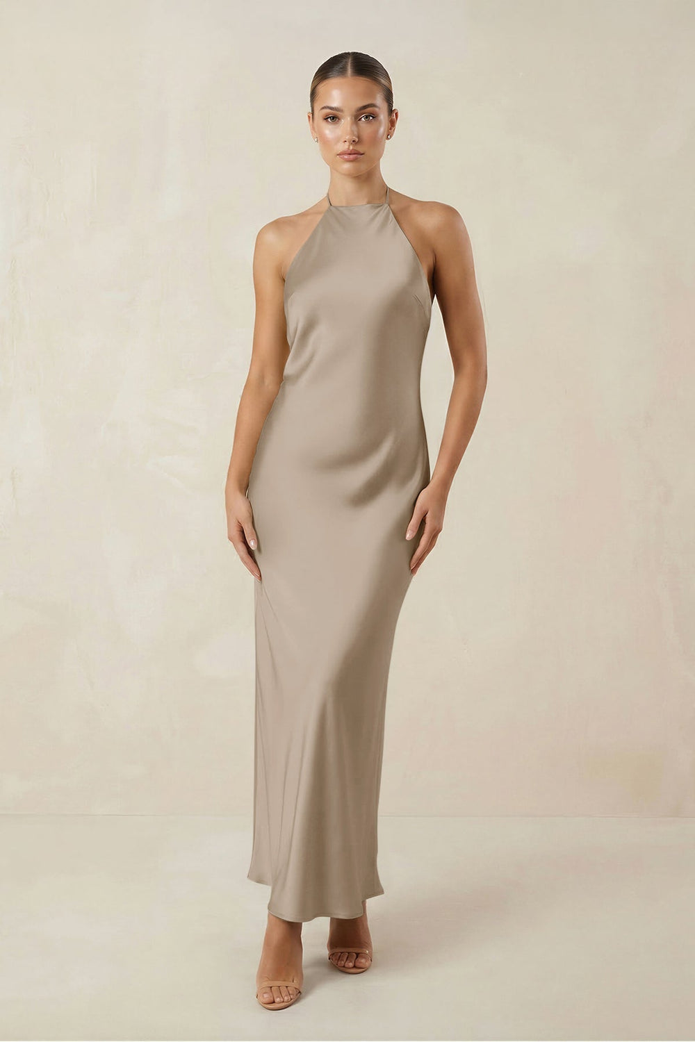 Halter Satin Sheath Midi Bridesmaid Dress in Almond - KissProm Bridesmaid Dresses