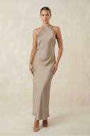 Halter Satin Sheath Midi Bridesmaid Dress in Almond - KissProm Bridesmaid Dresses