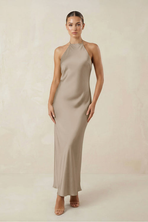 Halter Satin Sheath Midi Bridesmaid Dress in Almond - KissProm Bridesmaid Dresses