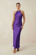 Halter Satin Sheath Midi Bridesmaid Dress in Amethyst - KissProm Bridesmaid Dresses