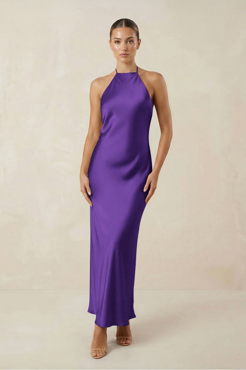 Halter Satin Sheath Midi Bridesmaid Dress in Amethyst - KissProm Bridesmaid Dresses