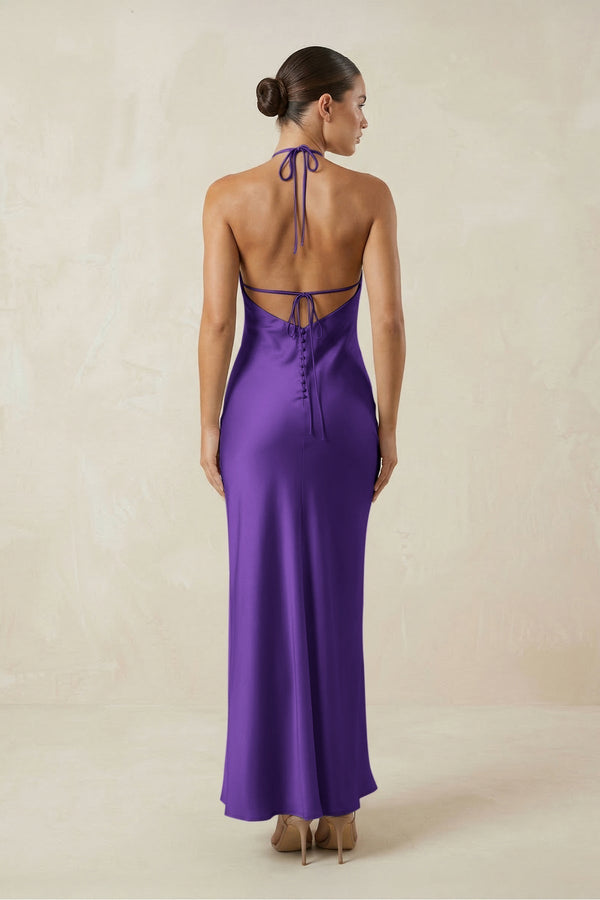 Halter Satin Sheath Midi Bridesmaid Dress in Amethyst - KissProm Bridesmaid Dresses