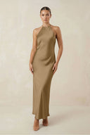 Halter Satin Sheath Midi Bridesmaid Dress in Apple Cinnamon - KissProm Bridesmaid Dresses