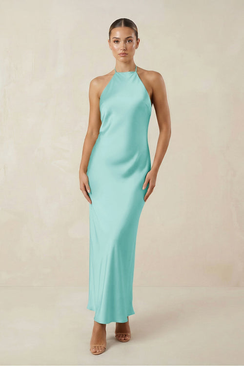 Halter Satin Sheath Midi Bridesmaid Dress in Aqua - KissProm Bridesmaid Dresses