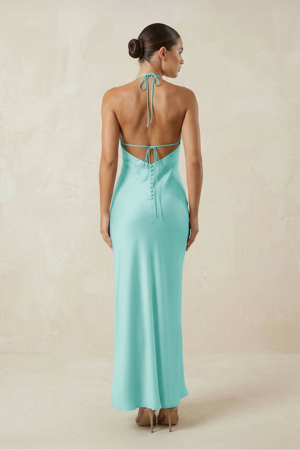 Halter Satin Sheath Midi Bridesmaid Dress in Aqua - KissProm Bridesmaid Dresses