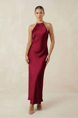 Halter Satin Sheath Midi Bridesmaid Dress in Berry - KissProm Bridesmaid Dresses