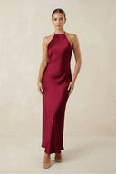 Halter Satin Sheath Midi Bridesmaid Dress in Berry - KissProm Bridesmaid Dresses