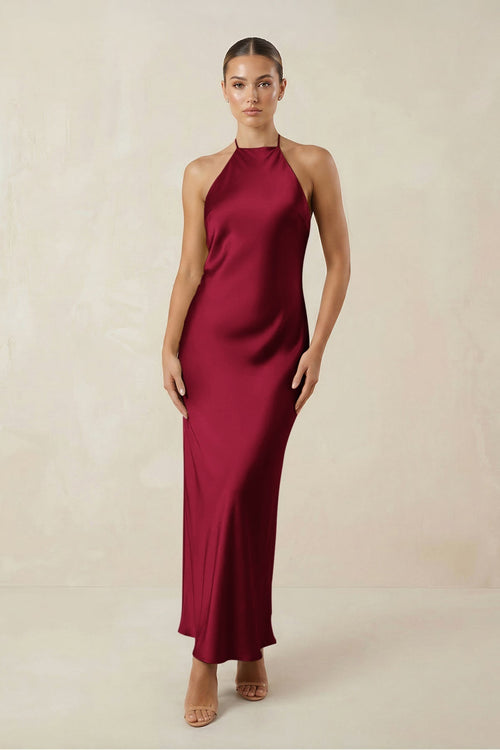 Halter Satin Sheath Midi Bridesmaid Dress in Berry - KissProm Bridesmaid Dresses
