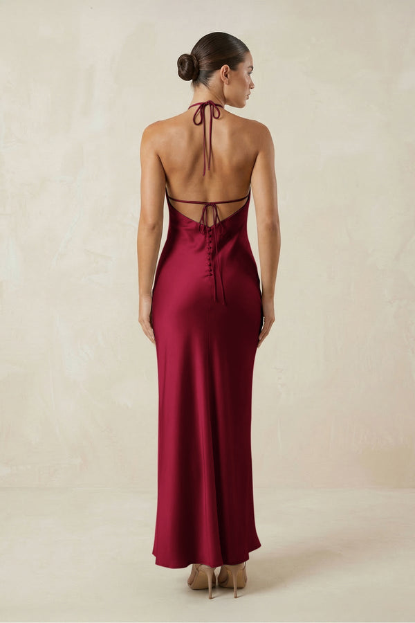 Halter Satin Sheath Midi Bridesmaid Dress in Berry - KissProm Bridesmaid Dresses