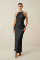 Halter Satin Sheath Midi Bridesmaid Dress in Black - KissProm Bridesmaid Dresses