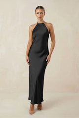 Halter Satin Sheath Midi Bridesmaid Dress in Black - KissProm Bridesmaid Dresses