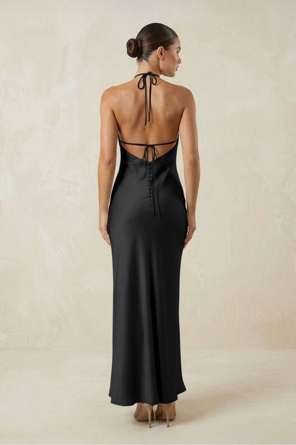 Halter Satin Sheath Midi Bridesmaid Dress in Black - KissProm Bridesmaid Dresses