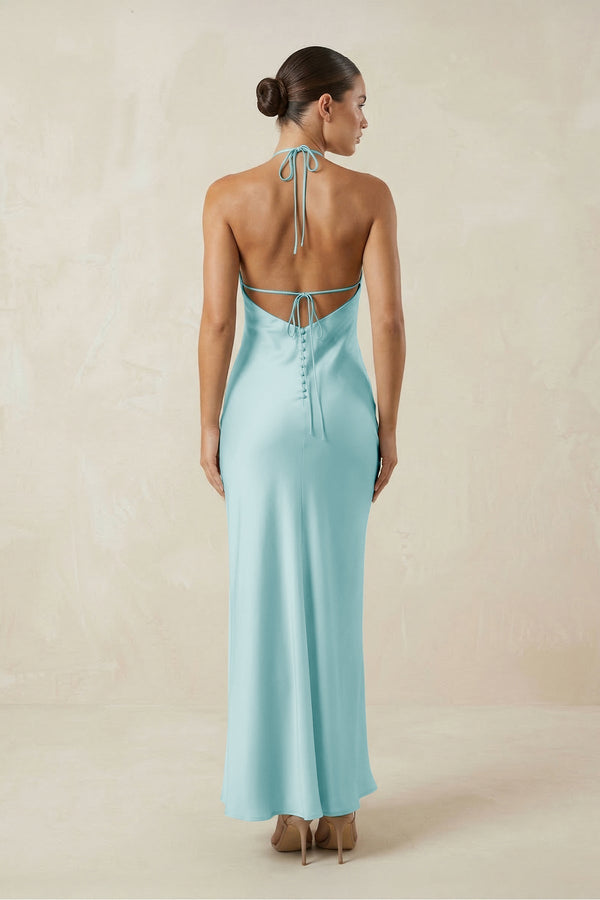 Halter Satin Sheath Midi Bridesmaid Dress in Bleached Aqua - KissProm Bridesmaid Dresses