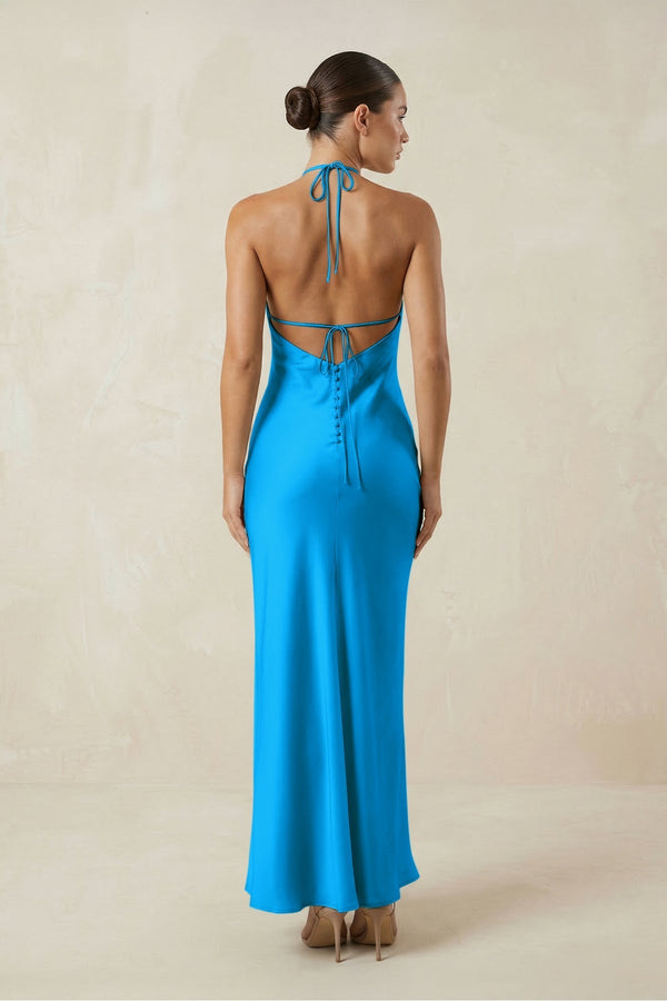 Halter Satin Sheath Midi Bridesmaid Dress in Blue Jay - KissProm Bridesmaid Dresses