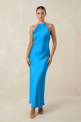 Halter Satin Sheath Midi Bridesmaid Dress in Blue Jay - KissProm Bridesmaid Dresses