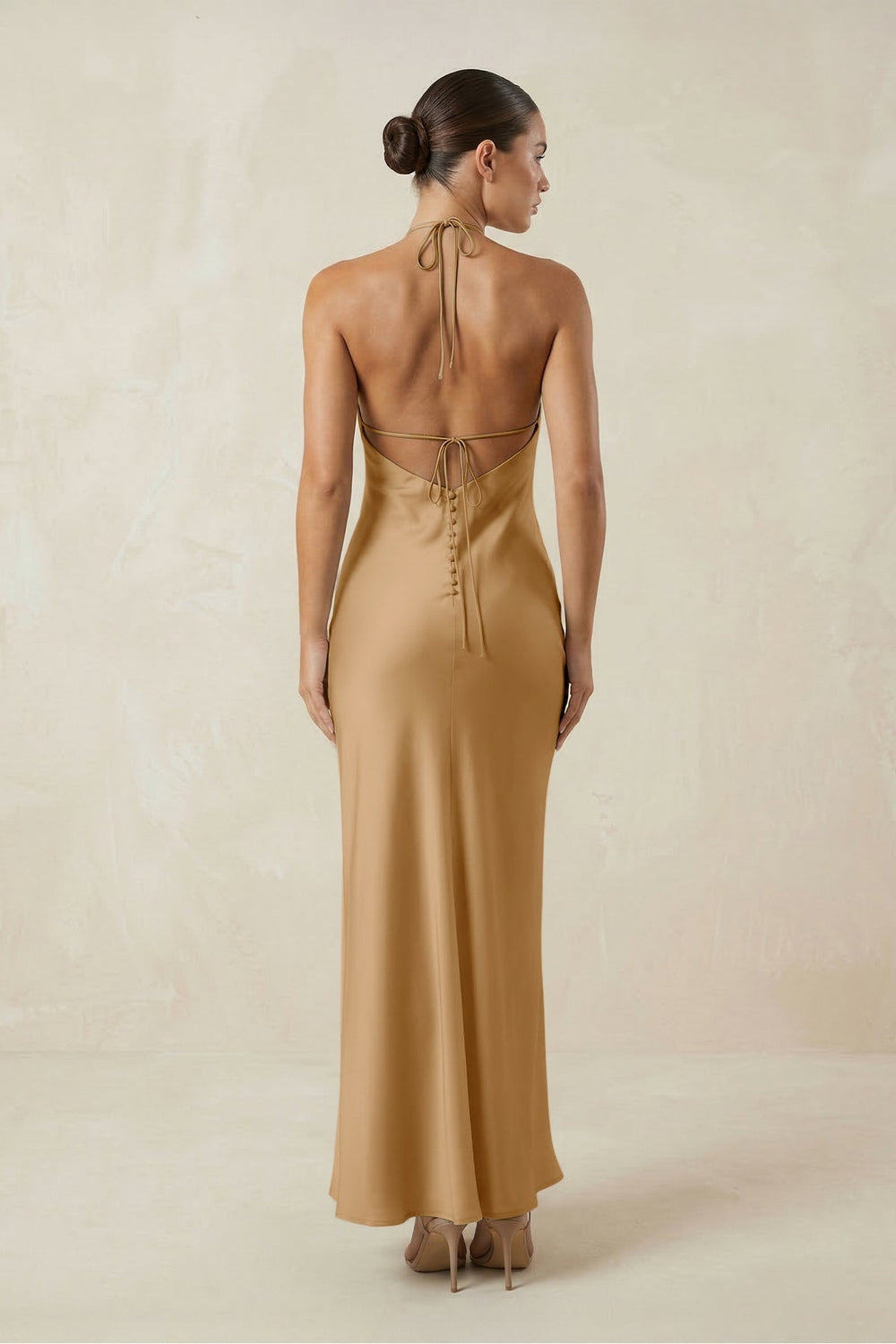 Halter Satin Sheath Midi Bridesmaid Dress in Bronzer - KissProm Bridesmaid Dresses