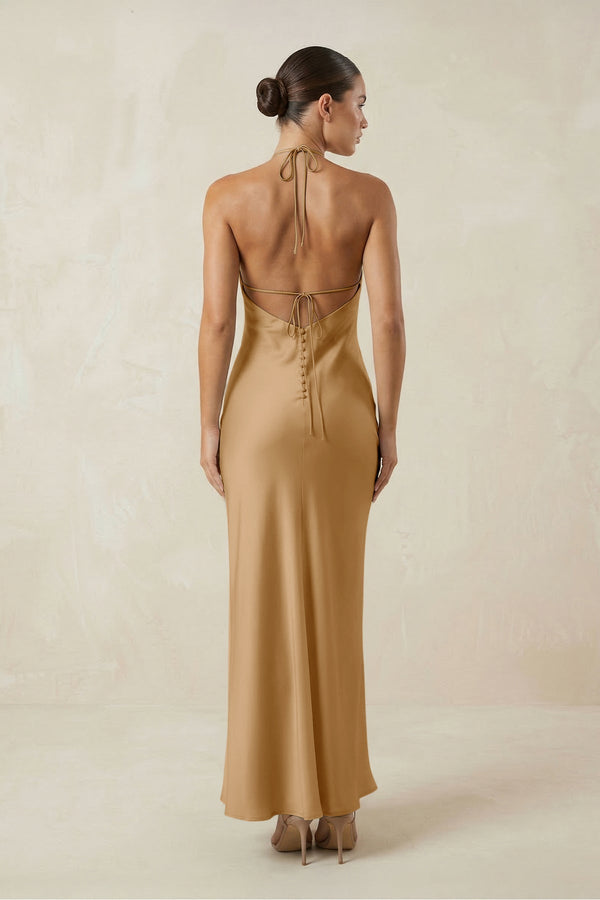 Halter Satin Sheath Midi Bridesmaid Dress in Bronzer - KissProm Bridesmaid Dresses