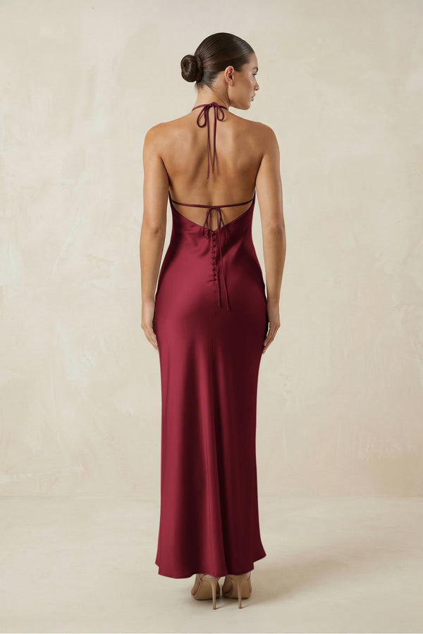 Halter Satin Sheath Midi Bridesmaid Dress in Burgundy - KissProm Bridesmaid Dresses