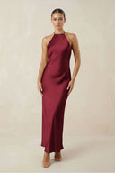 Halter Satin Sheath Midi Bridesmaid Dress in Burgundy - KissProm Bridesmaid Dresses