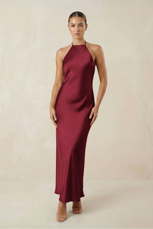 Halter Satin Sheath Midi Bridesmaid Dress in Burgundy - KissProm Bridesmaid Dresses