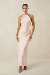 Halter Satin Sheath Midi Bridesmaid Dress in Buttercream - KissProm Bridesmaid Dresses
