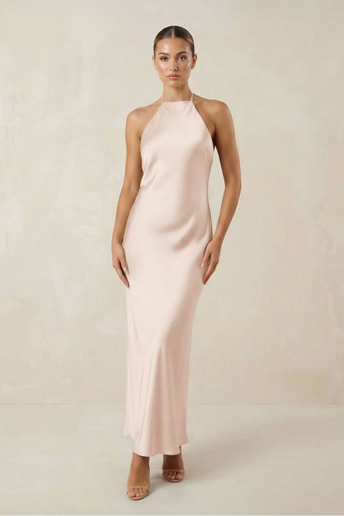 Halter Satin Sheath Midi Bridesmaid Dress in Buttercream - KissProm Bridesmaid Dresses