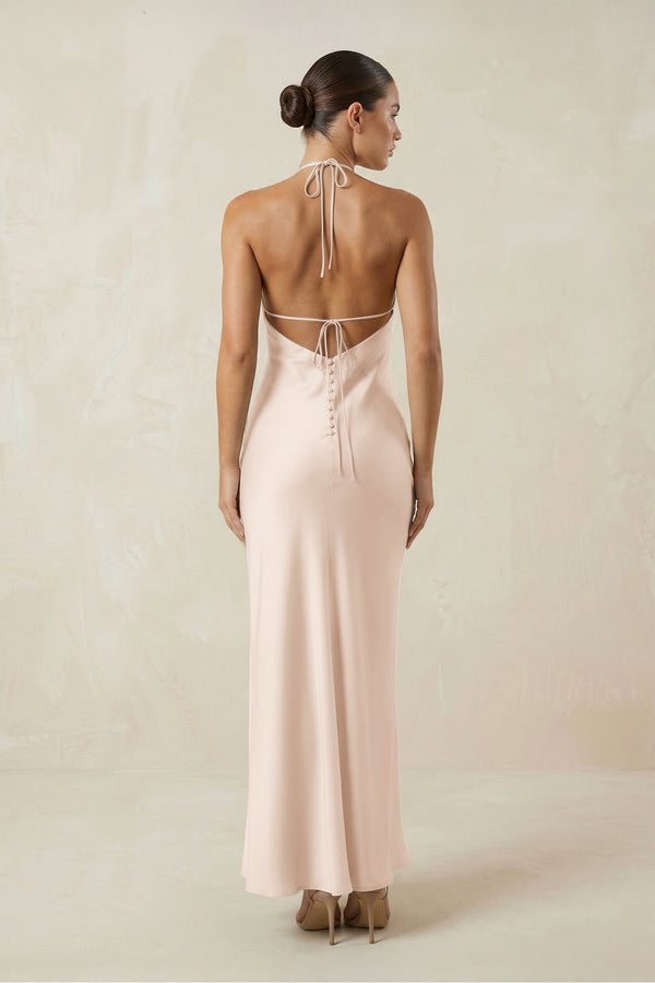 Halter Satin Sheath Midi Bridesmaid Dress in Buttercream - KissProm Bridesmaid Dresses