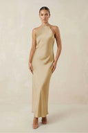 Halter Satin Sheath Midi Bridesmaid Dress in Champagne - KissProm Bridesmaid Dresses