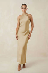 Halter Satin Sheath Midi Bridesmaid Dress in Champagne - KissProm Bridesmaid Dresses
