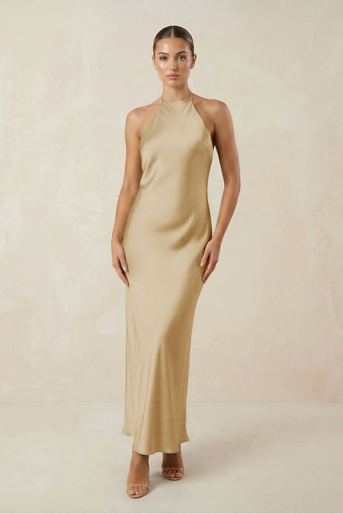 Halter Satin Sheath Midi Bridesmaid Dress in Champagne - KissProm Bridesmaid Dresses