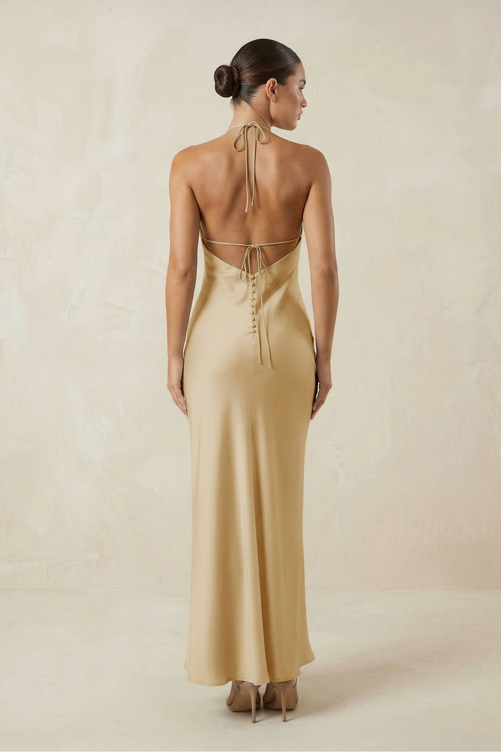 Halter Satin Sheath Midi Bridesmaid Dress in Champagne - KissProm Bridesmaid Dresses