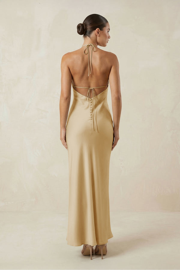 Halter Satin Sheath Midi Bridesmaid Dress in Champagne - KissProm Bridesmaid Dresses