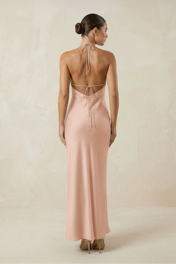 Halter Satin Sheath Midi Bridesmaid Dress in Champagne Rose - KissProm Bridesmaid Dresses
