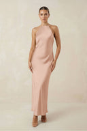 Halter Satin Sheath Midi Bridesmaid Dress in Champagne Rose - KissProm Bridesmaid Dresses