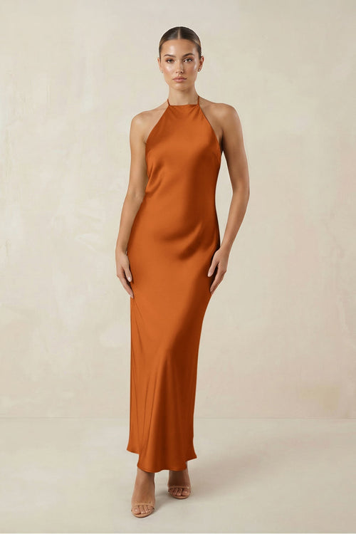 Halter Satin Sheath Midi Bridesmaid Dress in Cinnamon - KissProm Bridesmaid Dresses