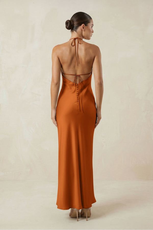 Halter Satin Sheath Midi Bridesmaid Dress in Cinnamon - KissProm Bridesmaid Dresses